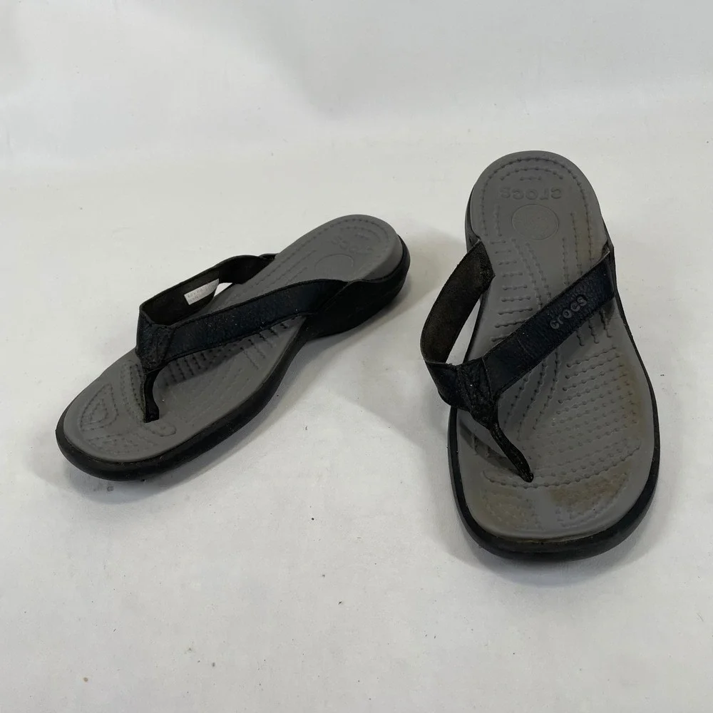 Crocs Yukon Mens Flip Flops Black Grey Leather Strap Sandals Size 9